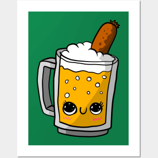 beer and sausage, Oktoberfest kawaii art. cute. Posters and Art